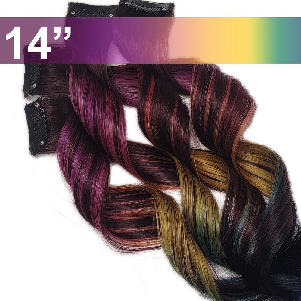 Rainbow Colormelt Real Human Hair Extensions Clip in Highlights with Black Root